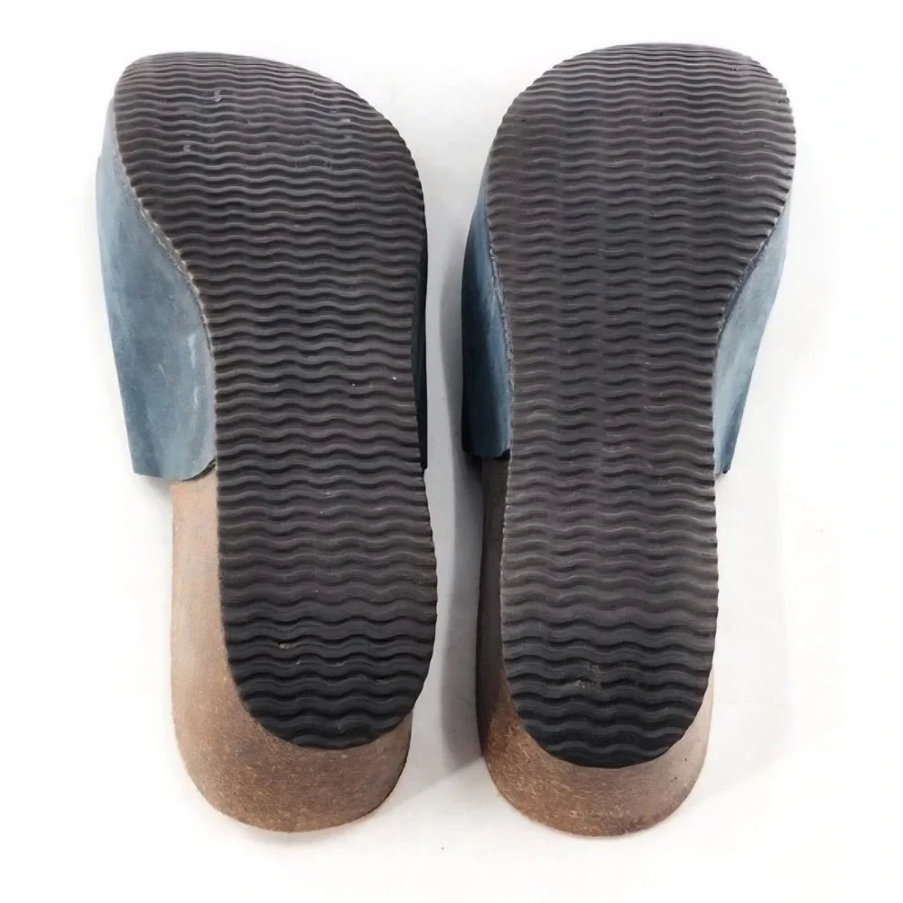 Bio Bio Blue Nubuck Leather Platform Wedge Slide Sandals Made in Spain 7.5